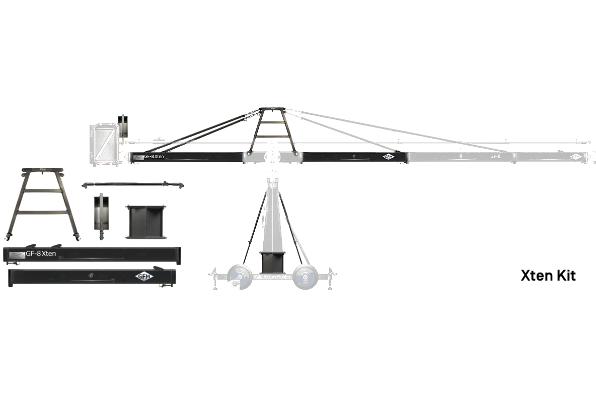 The components of the GF-8 Xten Kit in front of a ghosted GF-8 crane