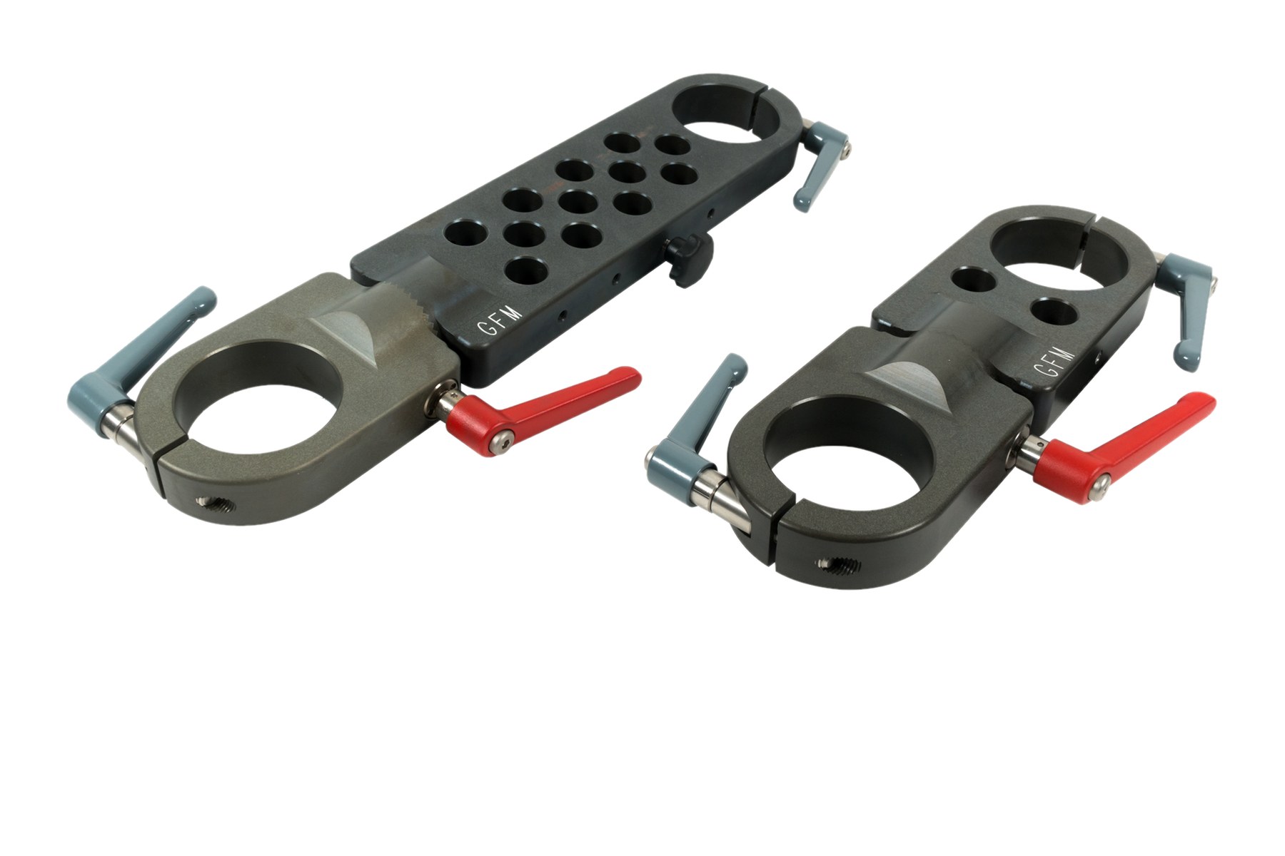 The two GF-Swivel brackets, each with a red locking lever and two blue clamp levers