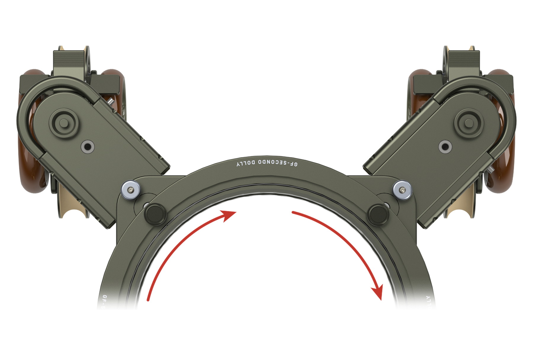 The rotating base plate of the GF-Kit Dolly, with an arrow showing its travel on the pan bearing