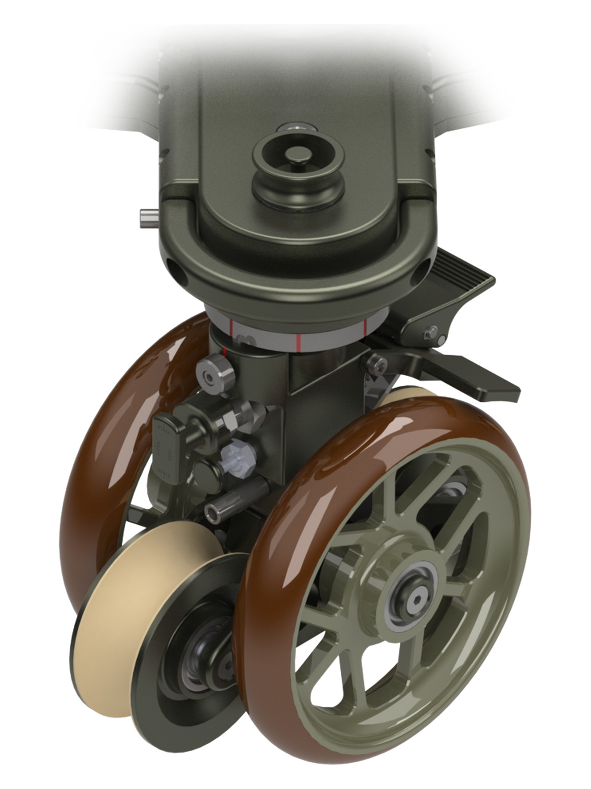 Combi wheel unit of the GF-Kit Dolly with two studio wheels, the Vulkollan track wheel and the brake lever