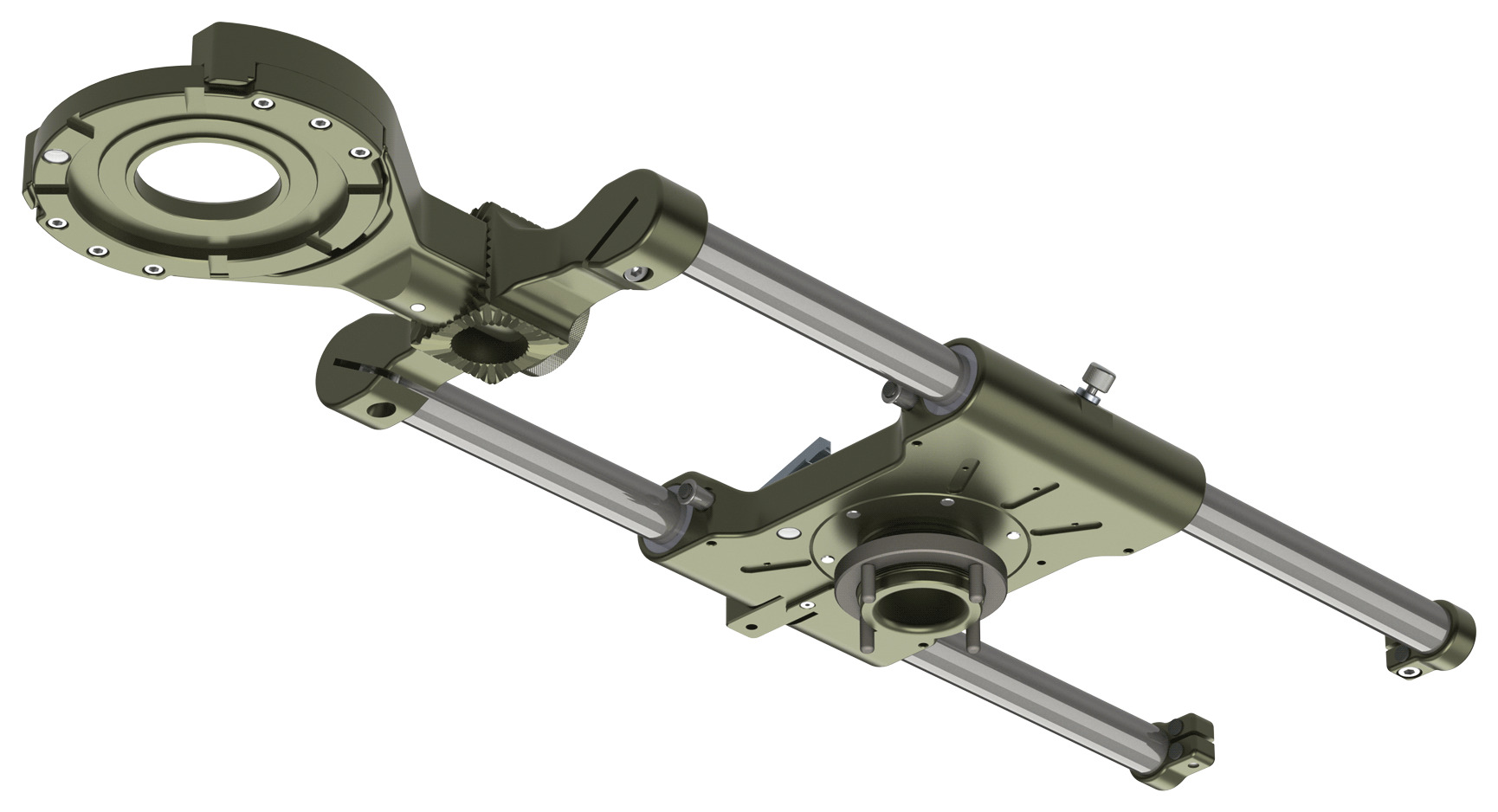 GF-Jib Slider seen from below with the Mitchell Base Mount fitted under the centre plate: a ring with four locating pins