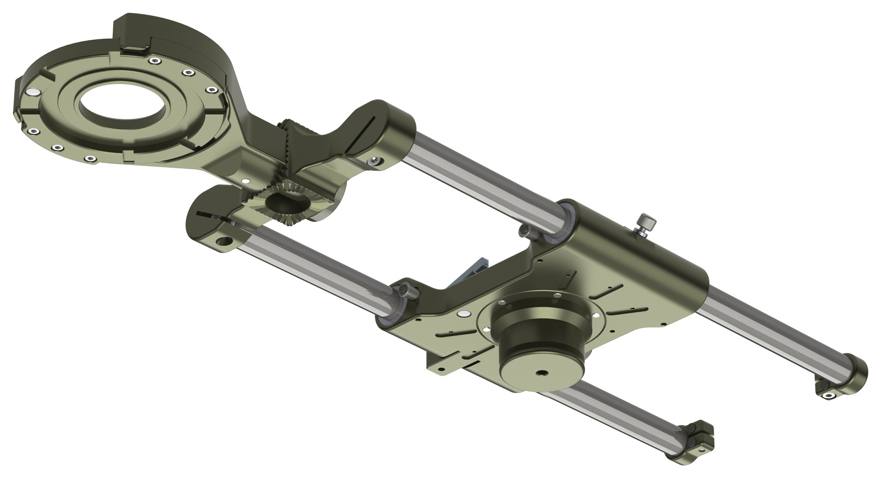 GF-Jib Slider seen from below with the Euro Adapter Base Mount fitted under the centre plate: a stepped spigot