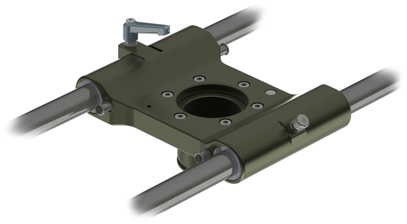 The GF-Jib Slider centre plate on its two rails, with the brake lever on top and the bore for the base mount through the middle