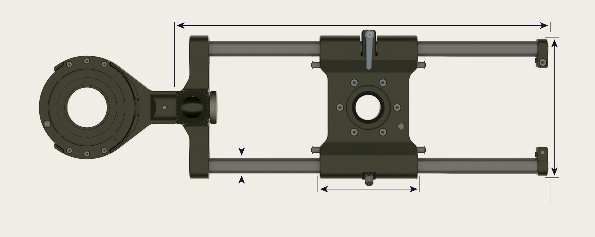 Top view of the GF-Jib Slider with dimension arrows: 68 cm overall length, 25.5 cm across the rails, 3 cm rail diameter and an 18 cm centre plate.