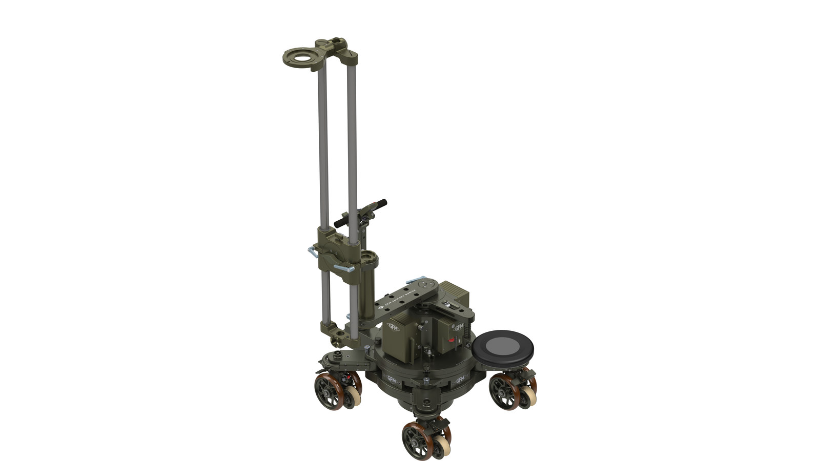 GF-Multi Offset Rig mounted vertically on a GF-Primo Dolly, arm standing upright