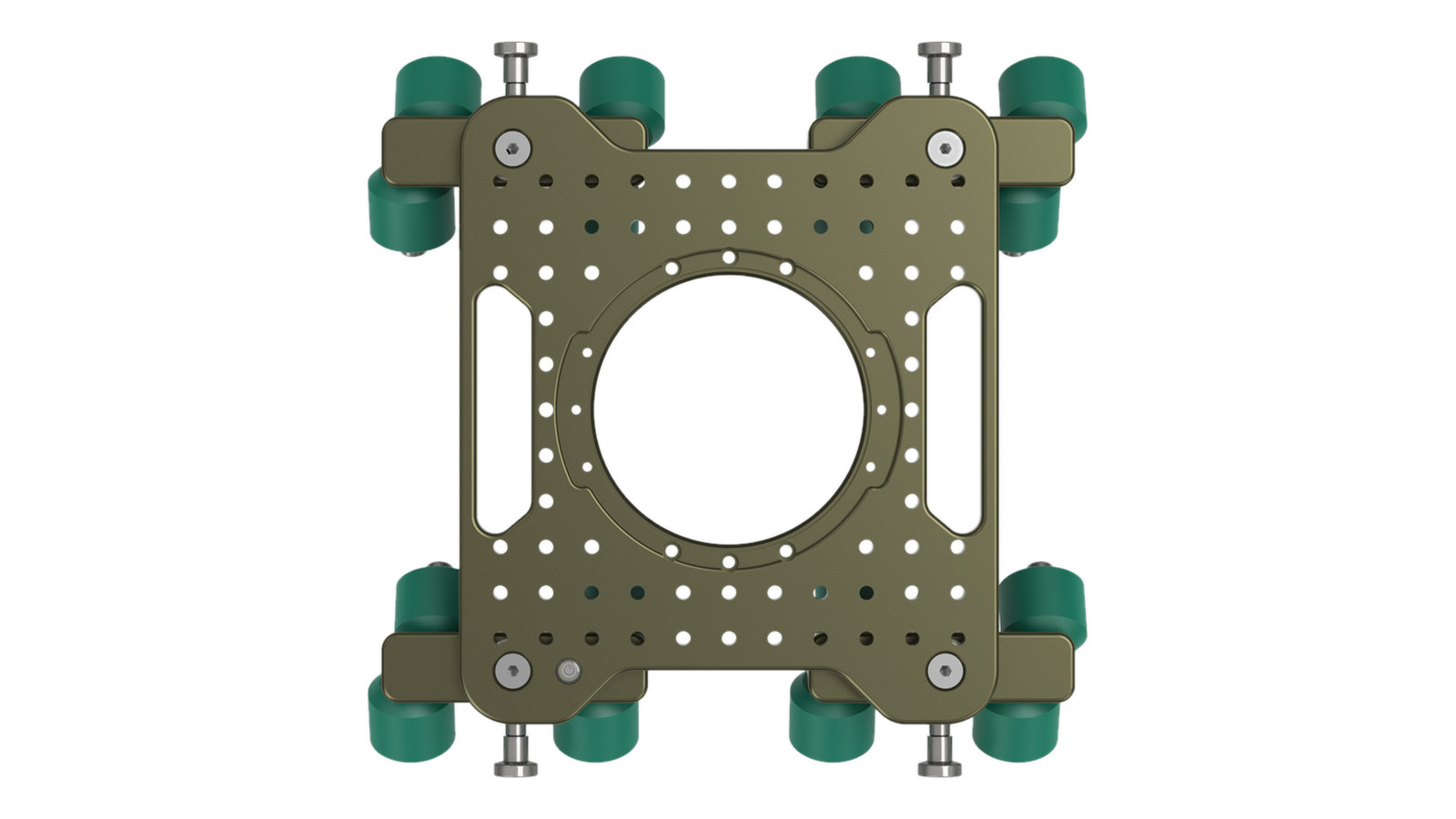 The GF-Tube Dolly centre plate seen from above: 3/8" cheese plate pattern, central adapter opening, four wheel units mounted