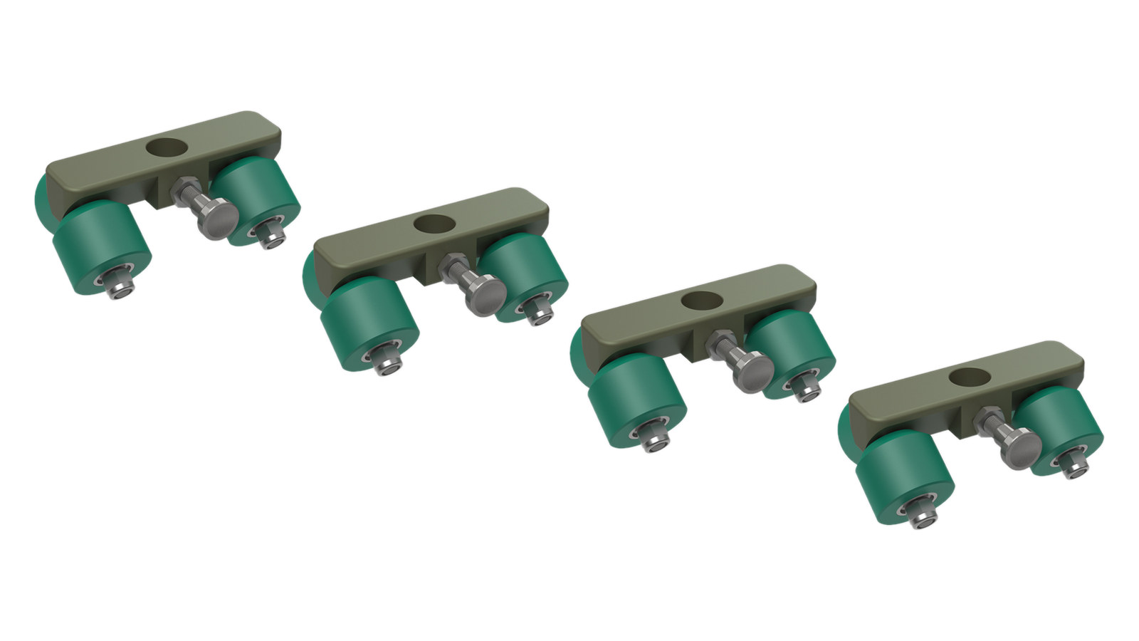 The four skateboard wheel units of the GF-Tube Dolly, removed from the plate