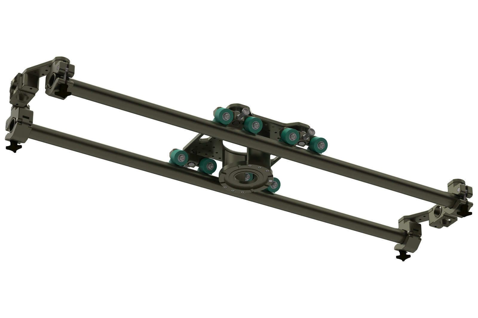 A GF-Tube Dolly rigged underslung: the centre plate hangs beneath the two tubes, between the end brackets