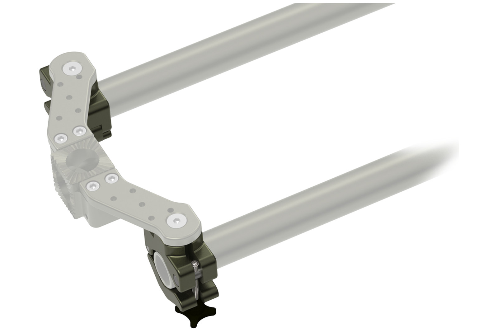 A GF-Tube Dolly end bracket clamped onto two parallel tubes