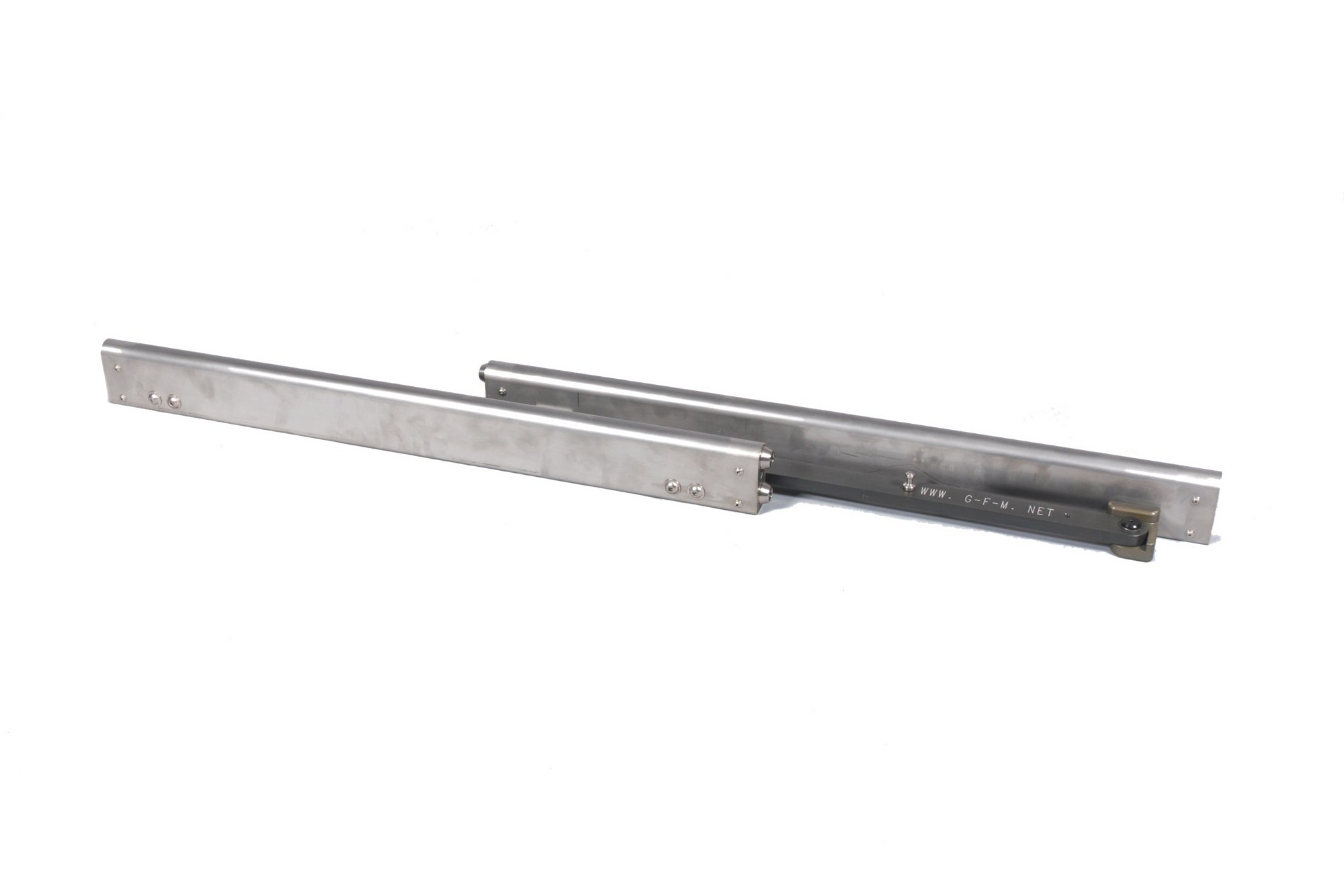 A foldable GF-Steel Track section folded flat, rails swung together
